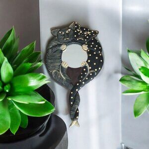 Folk Art Painted Wooden Cats Mirror Picture Frame Wall Hanging with Handle 16"